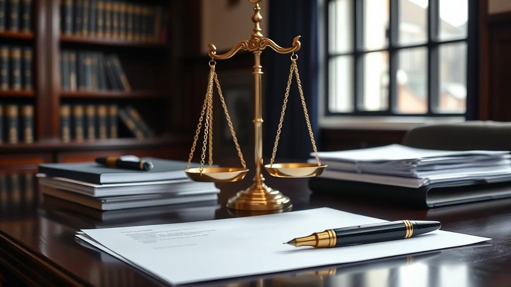 Weegschaal van justitie met juridische documenten op bureau - letselschade advocaat of claimbureau