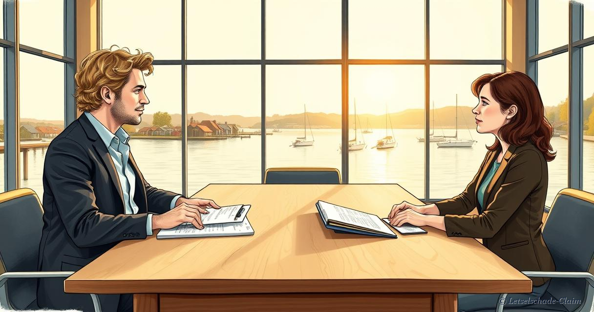 Letselschadespecialist bespreekt een dossier met een cli&euml;nt met nekklachten, met uitzicht over het water