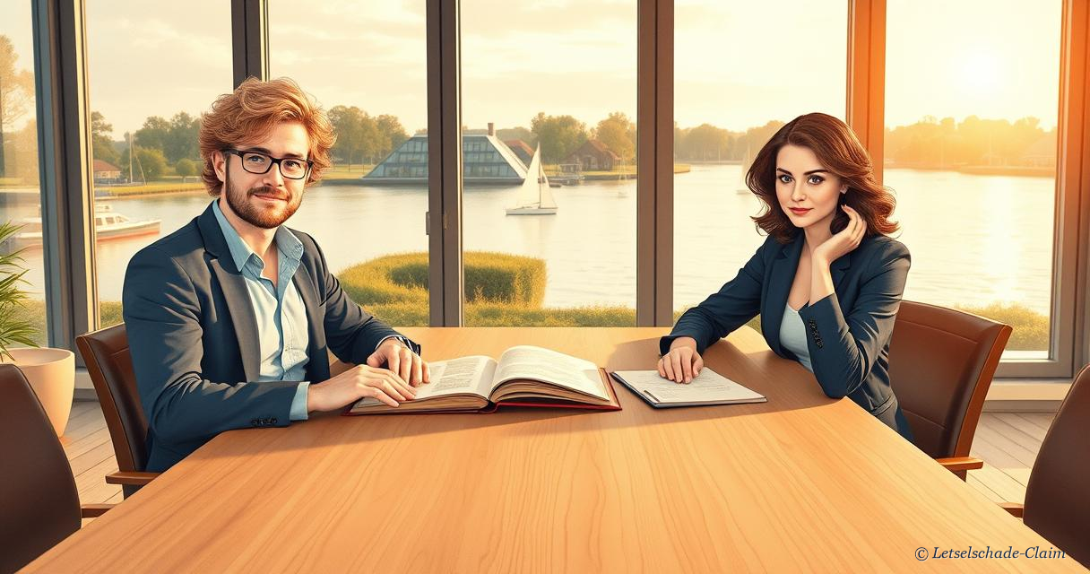 Letselschadespecialist bespreekt een dossier met een cli&euml;nt met nekklachten, met uitzicht over het water